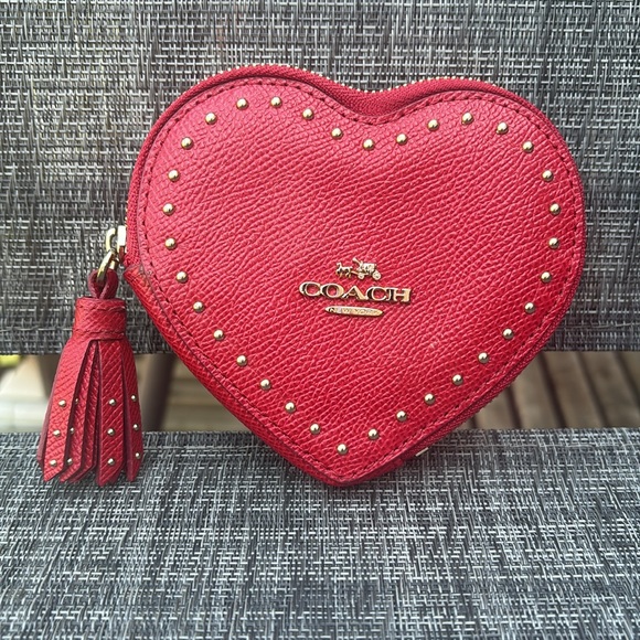 Coach Handbags - COACH GOLD STUDDED RED PEBBLED LEATHER HEART SHAPED COIN CASE WALLET